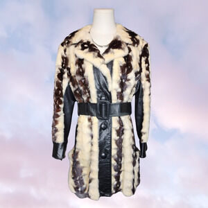 Rare Rhomberg Vtg Brown Cream Black Angora Fur Checkered Belt Winter Coat Sz S